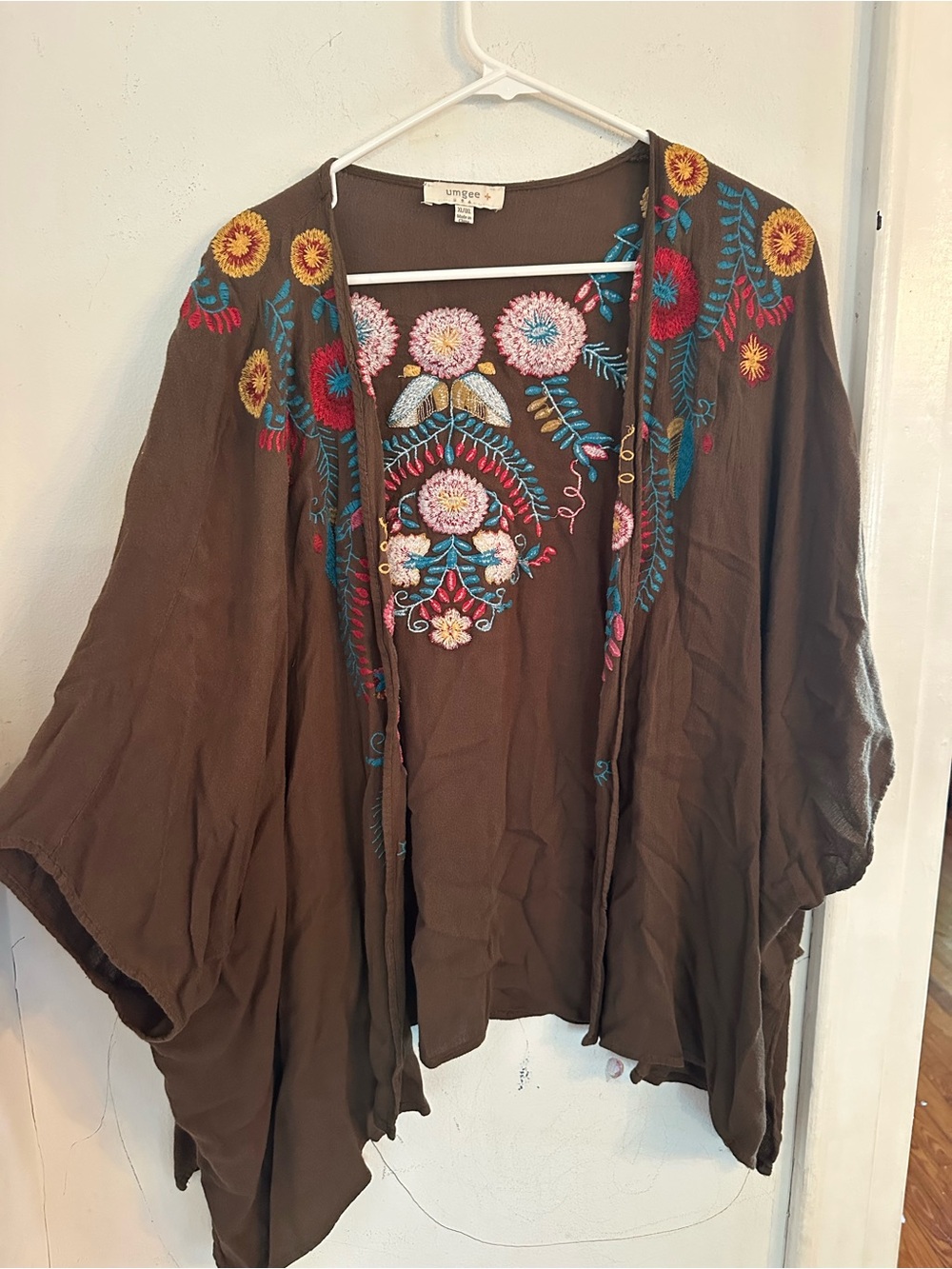 Umgee Brown Green Embroidered Open Front Kimono Cardigan